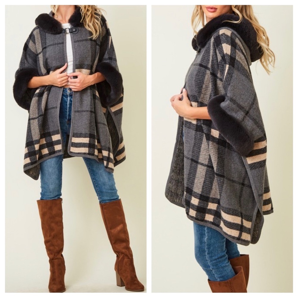 #47 Boho Fabulous Plaid Fur Trim Hooded Oversized Cozy Jacket Poncho - Picture 6 of 11